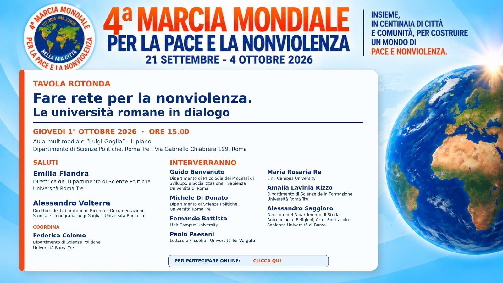 Locandina della tavola rotonda Fare rete per la nonviolenza – Le università romane in dialogo